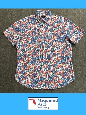Nautica Men's Floral Hawaiian Button Up Shirt Medium Red Blue Casual Beach Shirt